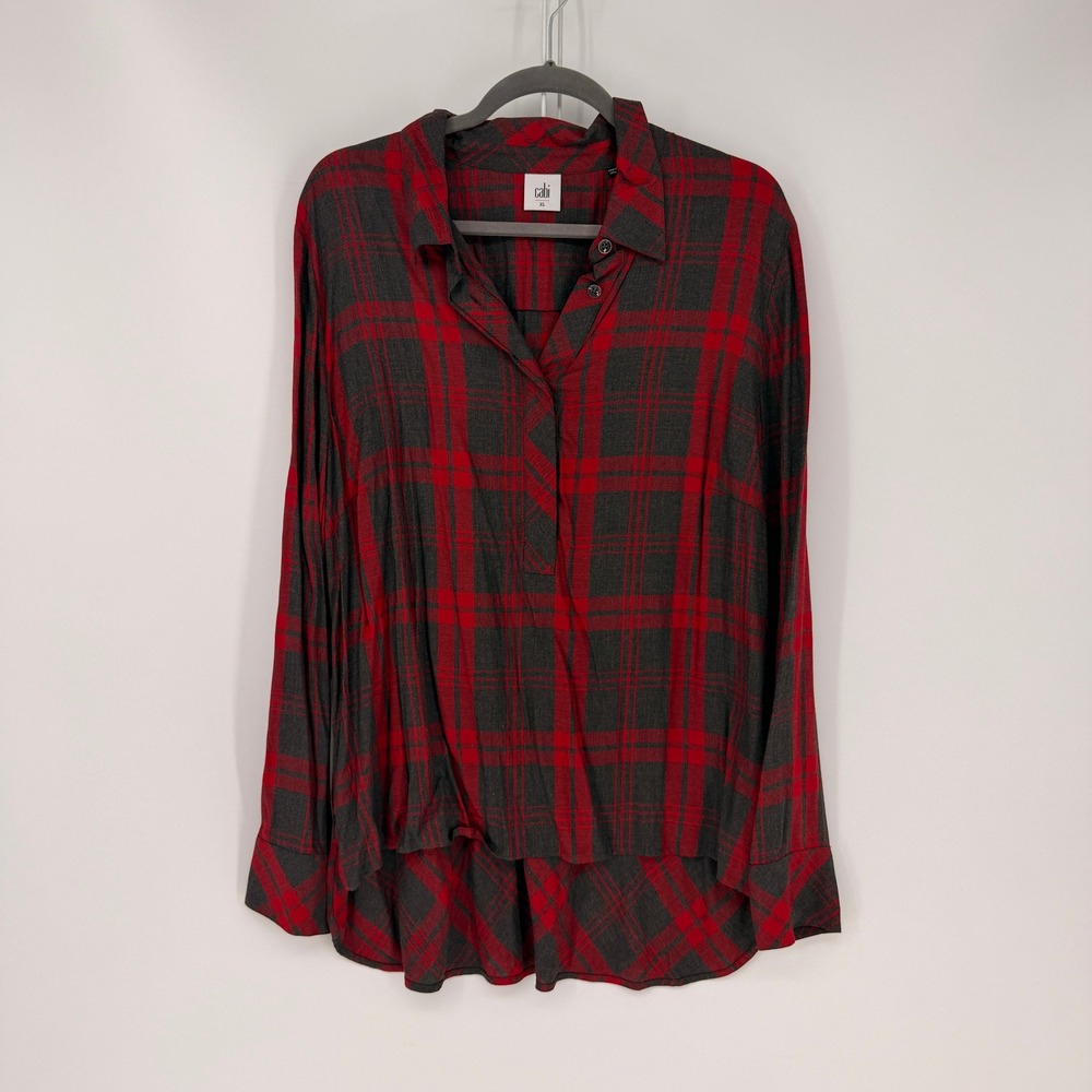 Cabi Blouse XL Red Plaid Rayon High Low Pullover Grunge Casual Flannel Academia